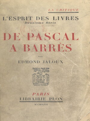 cover image of De Pascal à Barrès